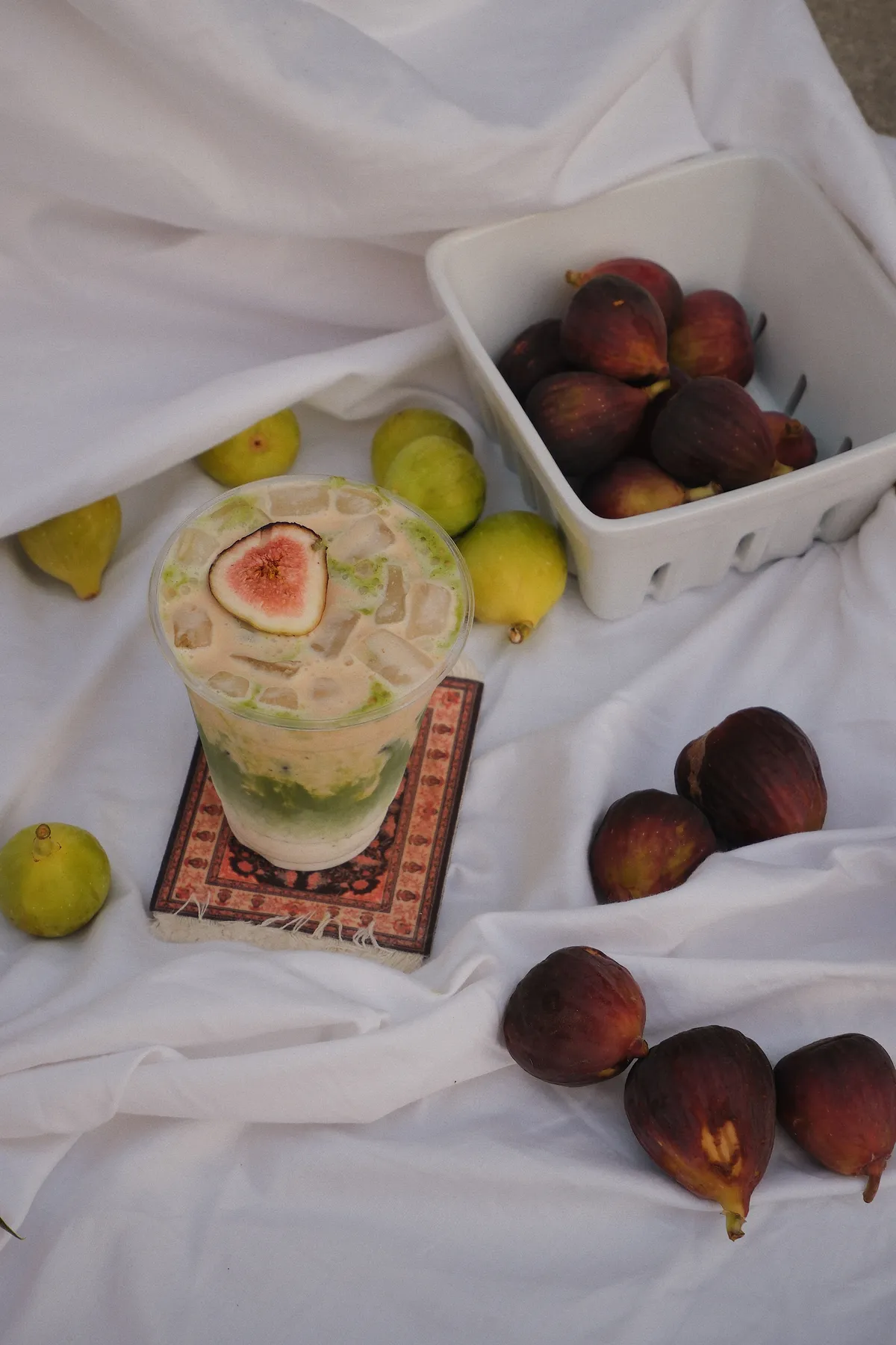 Iced vanilla fig matcha with fresh figs